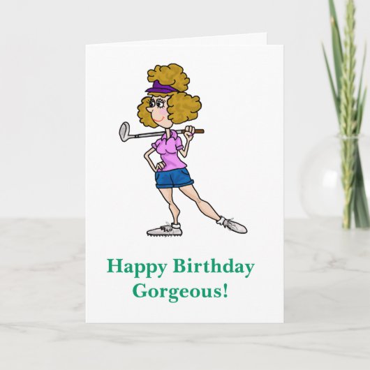 Vrouw Cartoon Golfer Funny Birthday Card Kaart (Voorkant)