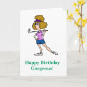 Vrouw Cartoon Golfer Funny Birthday Card Kaart (Gele Bloem)