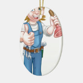 Vrouw Cartoon Plumber Holding Plunger Keramisch Ornament (Links)