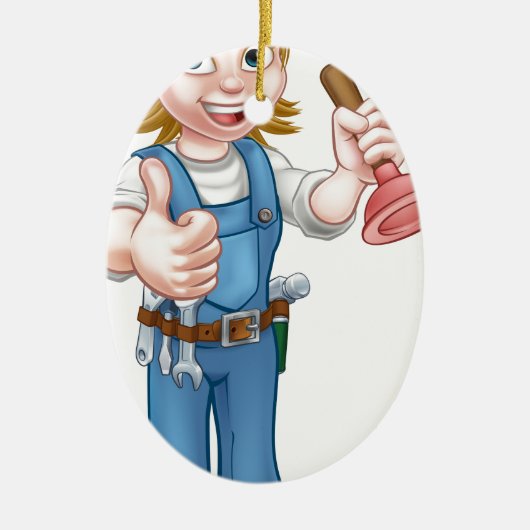 Vrouw Cartoon Plumber Holding Plunger Keramisch Ornament (Voorkant)