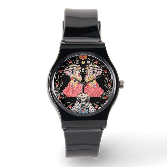 VROUW, CENTAUR FLORAL Red Black Klimt Patroon Horloge (Voorkant)