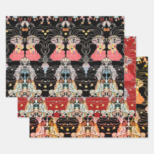 VROUW, CENTAUR FLORAL Red Black Klimt Patroon Inpakpapier Vel