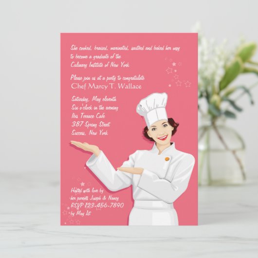 Vrouw Chef Afstuderen Uitnodiging (Staand voorkant)