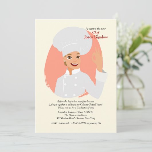 Vrouw Chef Afstuderen Uitnodiging (Staand voorkant)