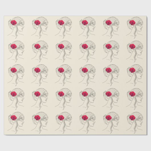 Vrouw Continue lijn met rode roze op haar haar haa Cadeaupapier (Vlak)