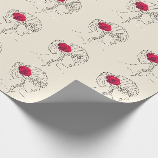 Vrouw Continue lijn met rode roze op haar haar haa Cadeaupapier (Hoek)