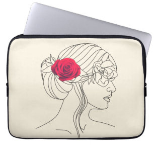 Vrouw Continue lijn met rode roze op haar haar haa Laptop Sleeve