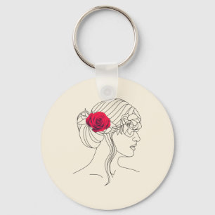 Vrouw Continue lijn met rode roze op haar haar haa Sleutelhanger