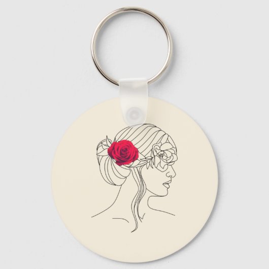 Vrouw Continue lijn met rode roze op haar haar haa Sleutelhanger (Voorkant)
