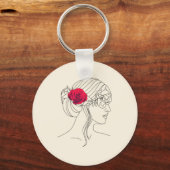 Vrouw Continue lijn met rode roze op haar haar haa Sleutelhanger (Voorkant)