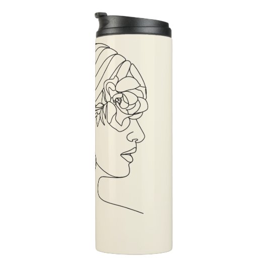 Vrouw Continue lijn met rode roze op haar haar haa Thermosbeker (Geroteerd rechts)