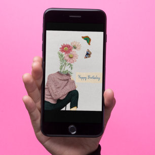  vrouw Daisies Butterflies Happy Birthday Kaart