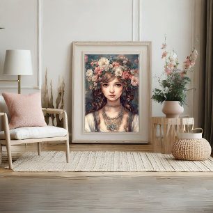 Vrouw Dame Portret Bloem Art Poster