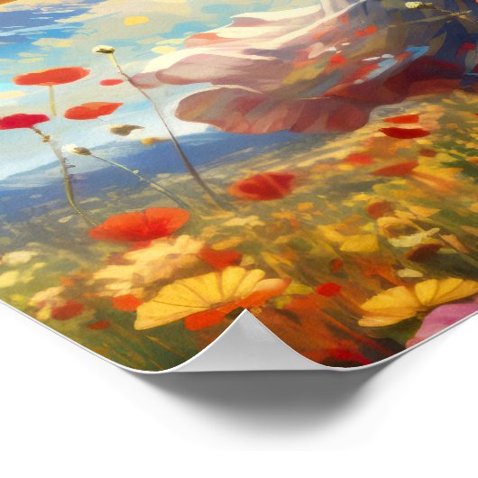 Vrouw dansen vrolijk in een veld van wilde bloemen poster (Hoek)