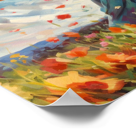 Vrouw dansen vrolijk in een veld van wilde bloemen poster (Hoek)