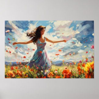 Vrouw dansen vrolijk in een veld van wilde bloemen poster
