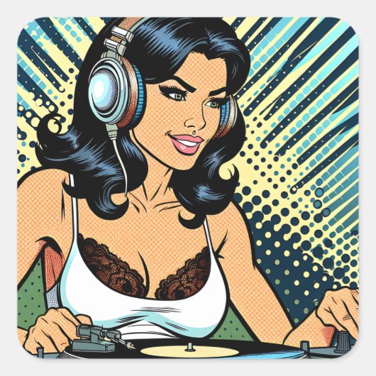 Vrouw Deejay Jamming Pop Art Vierkante Sticker (Voorkant)