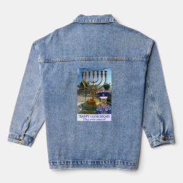 Vrouw denim jas. Gelukkige Chanoeka leeuw. Denim Jacket