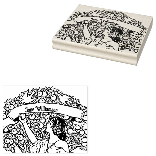 Vrouw die appels plukt rubberstempel (Gestempeld)