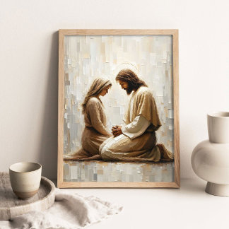 Vrouw die bidt met Jezus, Christelijke Kunst, Jezu Poster