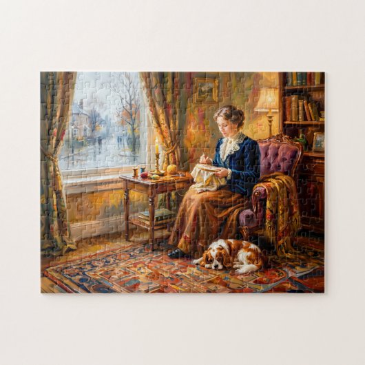 Vrouw die bij het raam borduurt met Cavalier Spani Legpuzzel (Horizontaal)