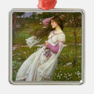 Vrouw die Bloemen in de Wind verzamelt Metalen Ornament