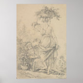 Vrouw die bloemen  schets verzamelt, poster (Voorkant)