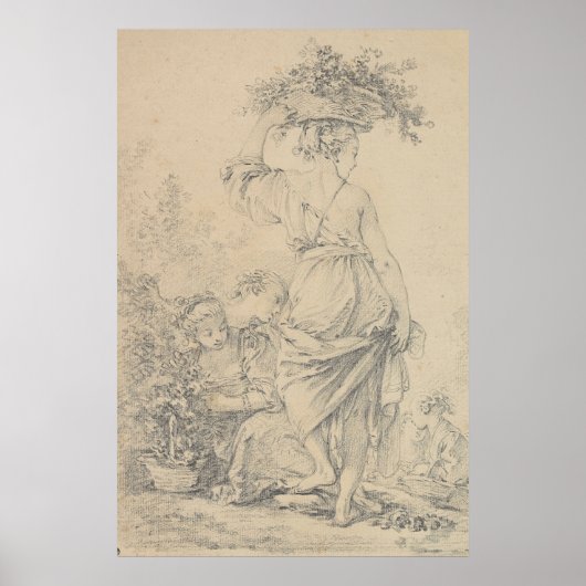 Vrouw die bloemen schets verzamelt, poster (Voorkant)