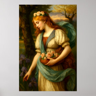 Vrouw die bloemen verzamelt poster