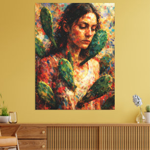 Vrouw die Cactus Prickly Pear omhelst Symbolisch Canvas Afdruk