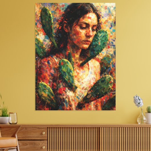 Vrouw die Cactus Prickly Pear omhelst Symbolisch Canvas Afdruk (Insitu (Woonkamer))