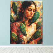 Vrouw die Cactus Prickly Pear omhelst Symbolisch Canvas Afdruk (Insitu (Houten vloer))