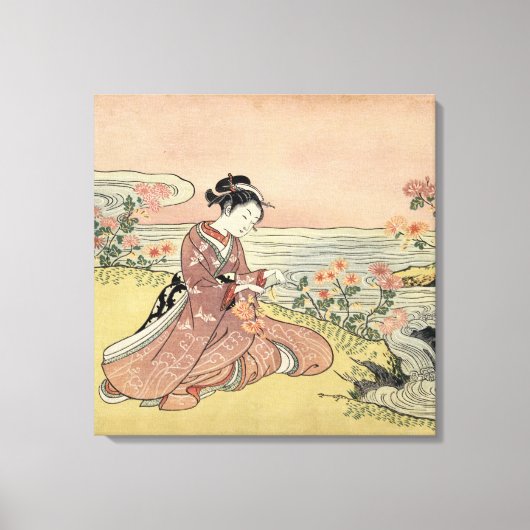 Vrouw die chrysanten plukt canvas afdruk (Voorkant)