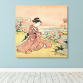 Vrouw die chrysanten plukt canvas afdruk (Insitu (Houten vloer))