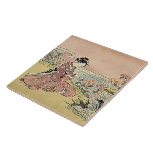 Vrouw die chrysanten plukt tegeltje (Zijkant)