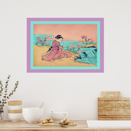 Vrouw die Chrysanthema's speelt ~  Japans Poster (Keuken)