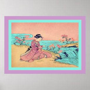 Vrouw die Chrysanthema's speelt ~  Japans Poster
