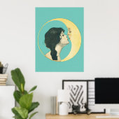 Vrouw die de maan kust  kunstprint poster (Thuiskantoor)