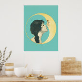 Vrouw die de maan kust  kunstprint poster (Keuken)