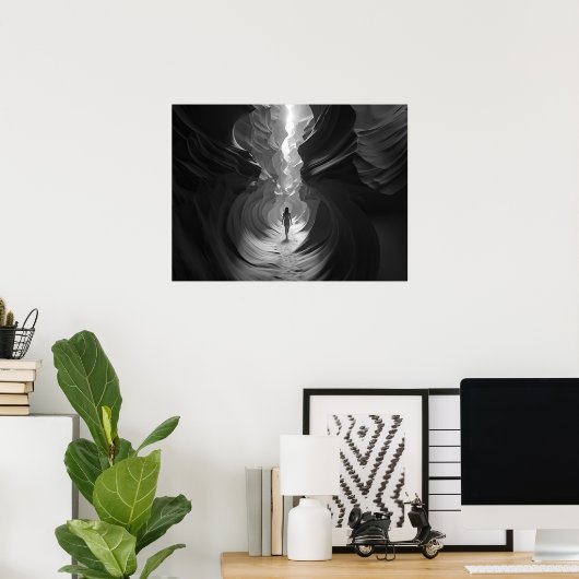 Vrouw die door een canyon gulch B&W-foto loopt Poster (Thuiskantoor)