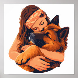 Vrouw die Duitse herdershond knuffelt Poster