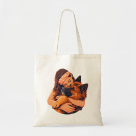 Vrouw die Duitse herdershond knuffelt Tote Bag
