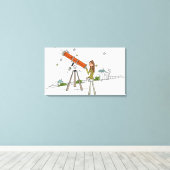 Vrouw die een astronomische telescoop gebruikt canvas afdruk (Insitu (Houten vloer))