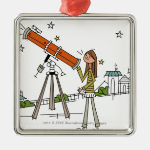 Vrouw die een astronomische telescoop gebruikt metalen ornament
