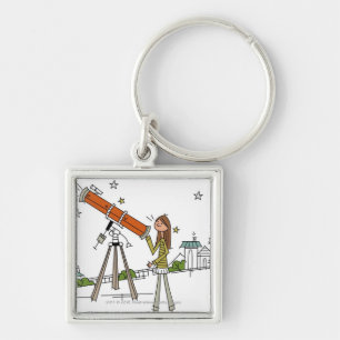 Vrouw die een astronomische telescoop gebruikt sleutelhanger