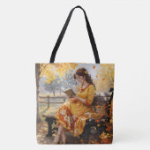 Vrouw die een boekval leest laat verjaardagscadeau tote bag (Voorkant)