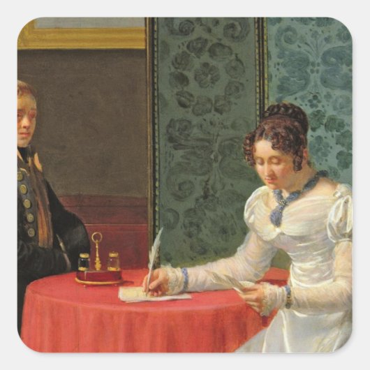 Vrouw die een brief schrijft vierkante sticker (Voorkant)