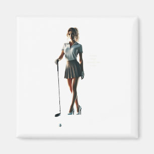 Vrouw die een golfclub vasthoudt en een ski draagt magneet