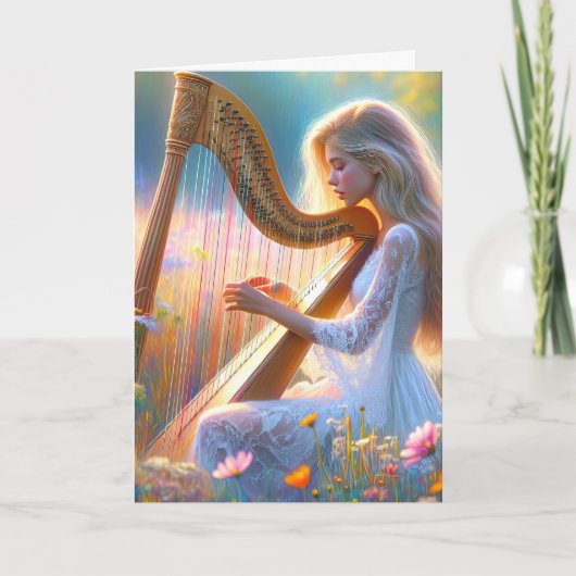 Vrouw die een harp in wilde bloemen speelt kaart (Voorkant)