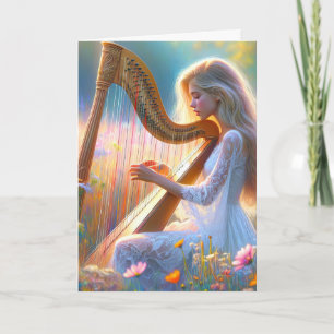 Vrouw die een harp in wilde bloemen speelt kaart